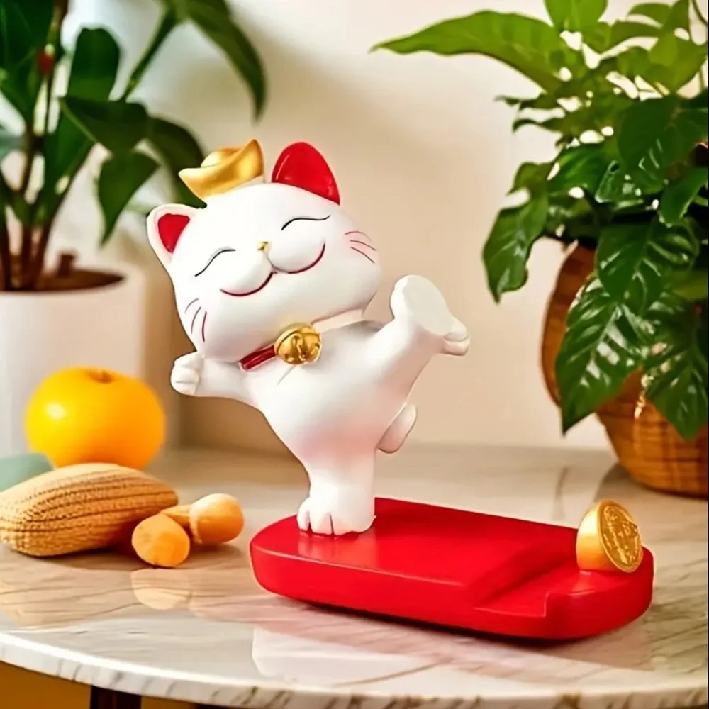 Lucky Cat Desk Phone Stand Figurine with Red Base